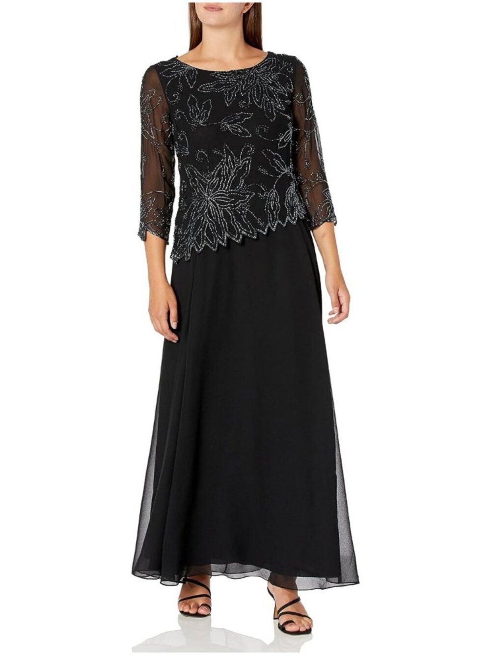 J Kara ✨ Womens 3/4 Floral Beaded Pop Over Gown 16 Navy NWT